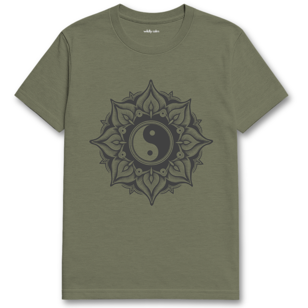 Yin-Yang Mandala_Heather Military green t-shirt with a black mandala design and yin yang symbol on a white background for yoga - wildly calm