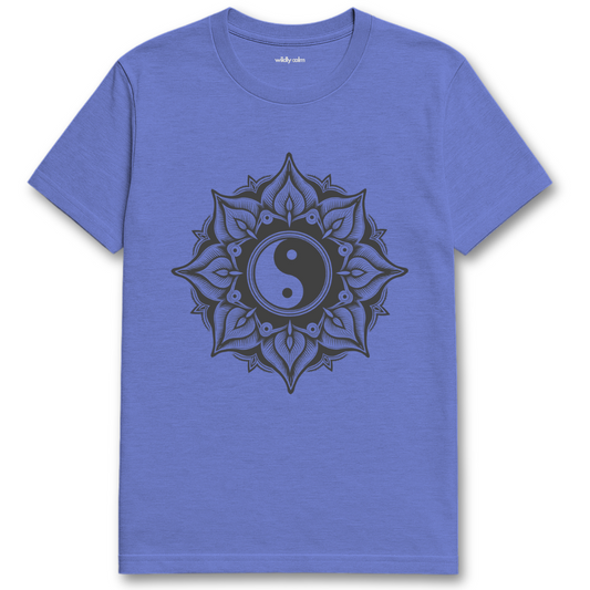 Yin-Yang Mandala_Heather Royal blue t-shirt with a black mandala design and yin yang symbol on a white background for yoga - wildly calm