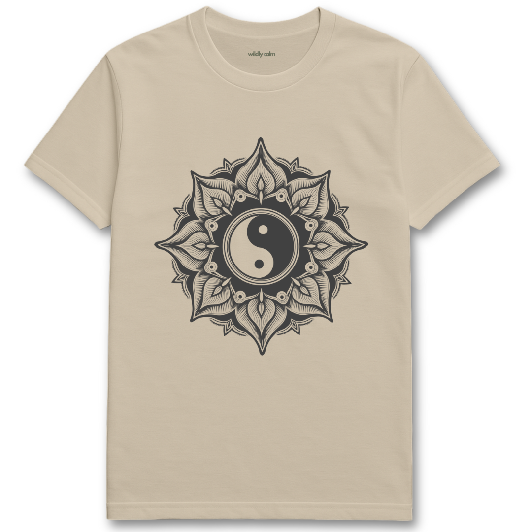 Yin-Yang Mandala_Sand/ beige t-shirt with a black mandala design and yin yang symbol on a white background for yoga - wildly calm