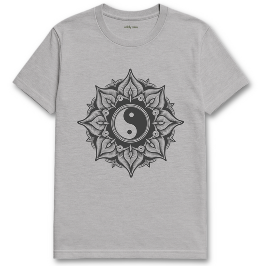 Yin-Yang Mandala_Sports Grey t-shirt with a black mandala design and yin yang symbol on a white background for yoga - wildly calm