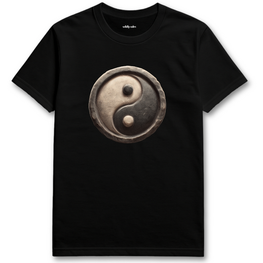 Yin-Yang Symbol_Black t-shirt with a yin yang symbol design on a white background for yoga 