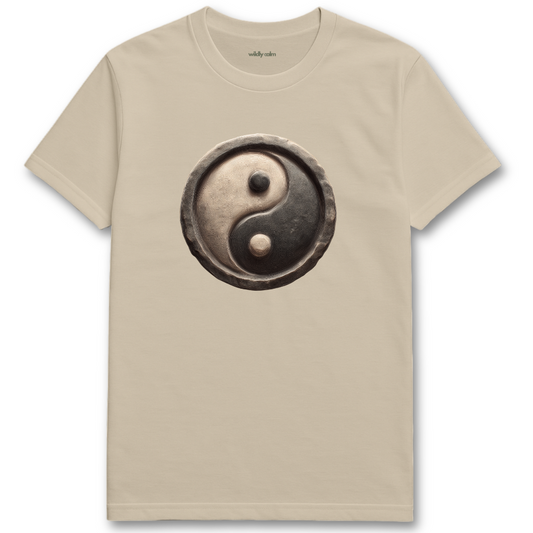 Yin-Yang Symbol_sand/ beige t-shirt with a yin yang symbol design on a white background for yoga 
