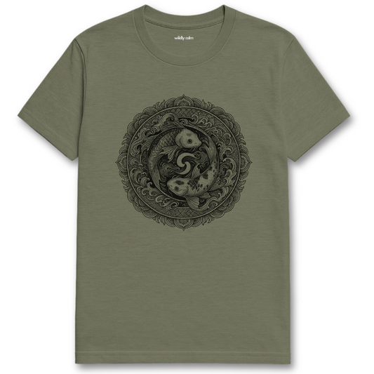 WildlyCalm_Yin-Yang of the Deep Mandala_Heather Military Green yoga t-shirt with a decorative emblem on a white background