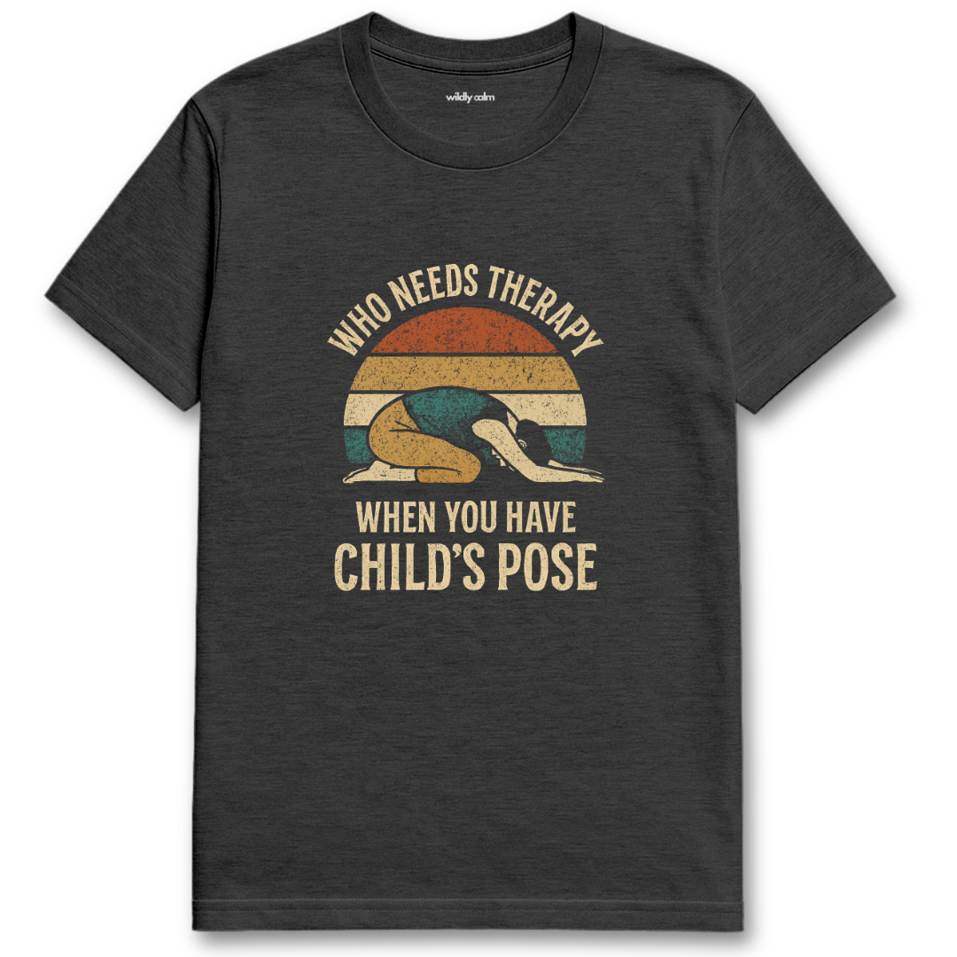 Yoga Child's Pose Humor Heather dark grey t-shirt with a graphic and text - wildly calm
