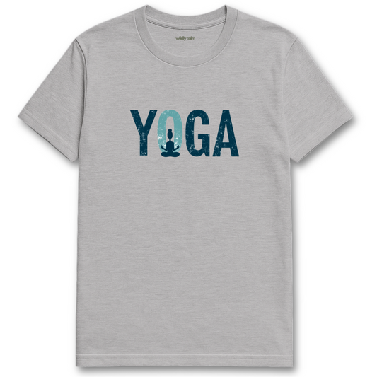 Yoga Graffiti_Sports Grey t-shirt with 'Yoga' text and silhouette graphic - wildly calm