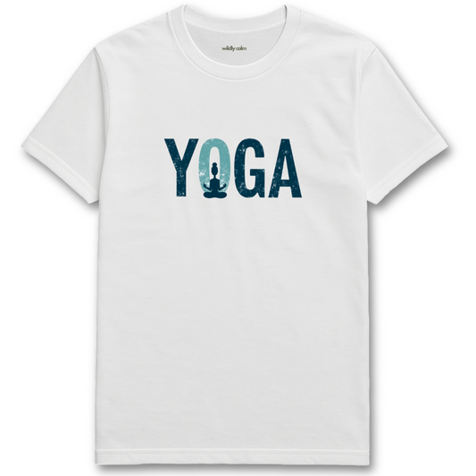 Yoga Graffiti_White t-shirt with 'Yoga' text and silhouette graphic - wildly calm