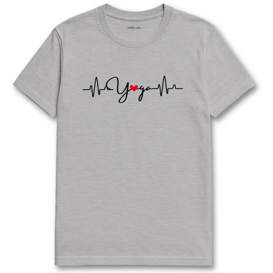 Yoga Heartbeat_sports grey t-shirt with a heart rate design - wildly calm