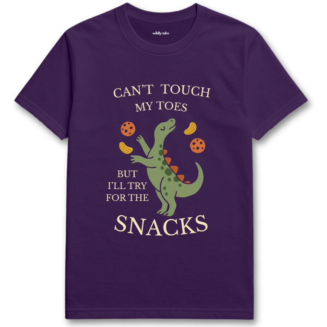 Wildly Calm_Yoga Humor with Dinosaur_purple t-shirt with a dinosaur graphic and text on a white background