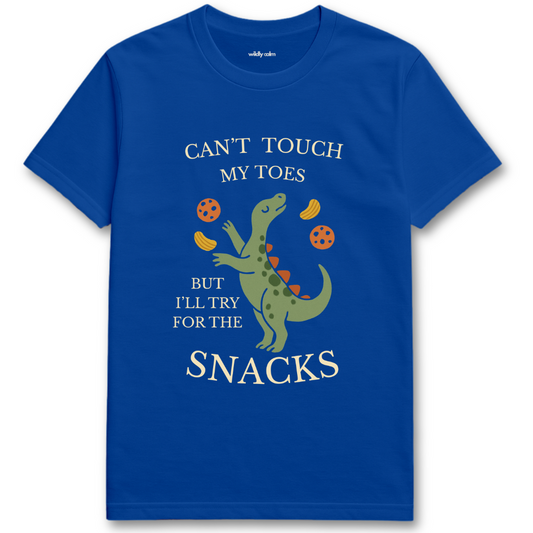 Wildly Calm_Yoga Humor with Dinosaur_Royalt Blue t-shirt with a dinosaur graphic and text on a white background