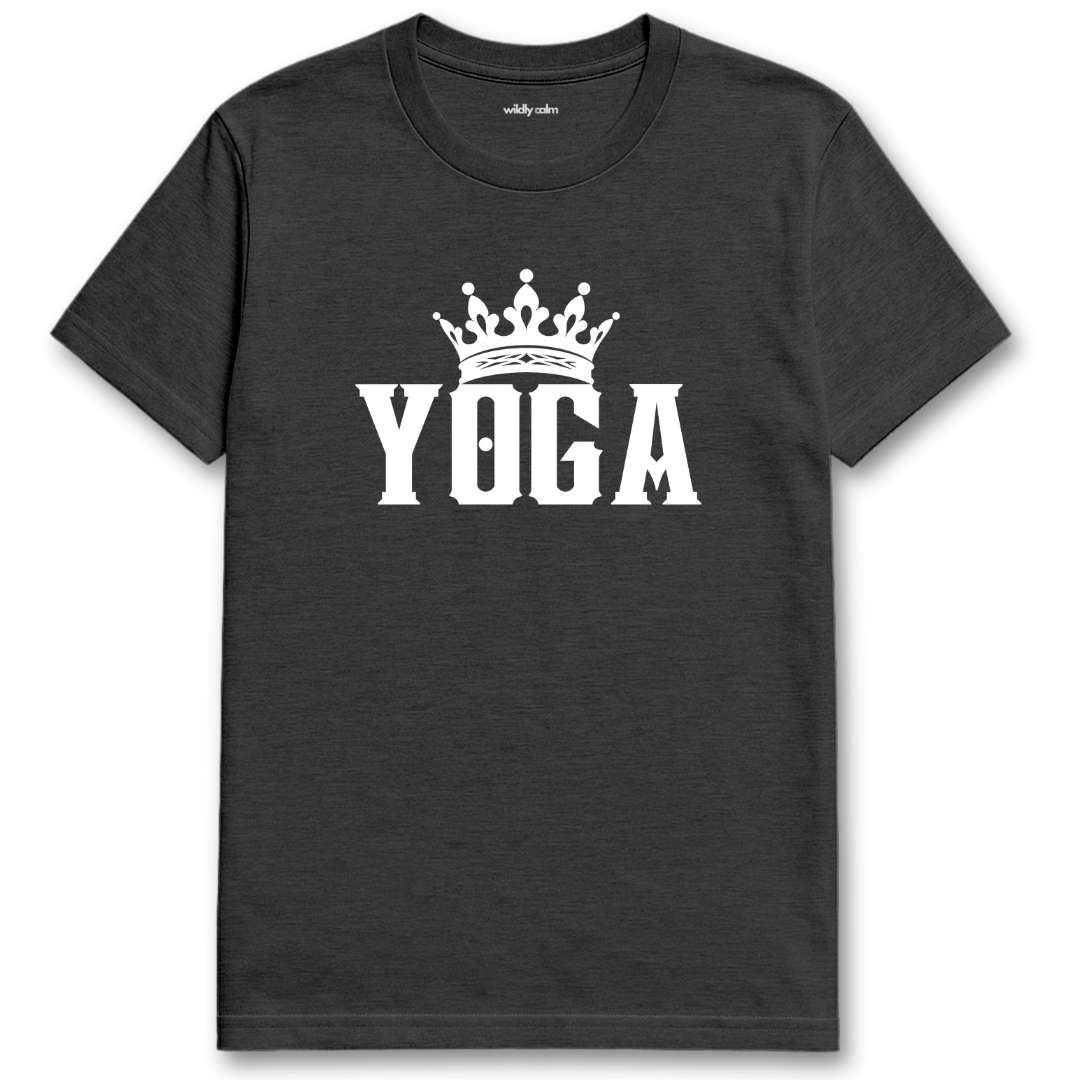 Yoga King_Heather Dark Grey yoga t-shirt with 'YOGA' and a crown graphic - wildly calm