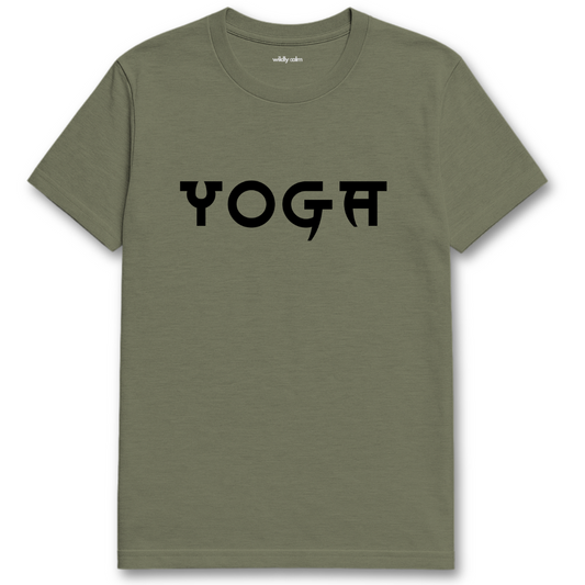 Heather military Green t-shirt with 'YOGA' printed on it against a white background -Wildly Calm