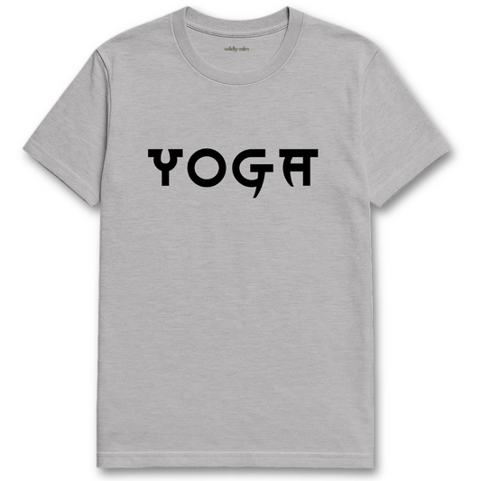 Sports Grey t-shirt with 'YOGA' printed on it against a white background -Wildly Calm