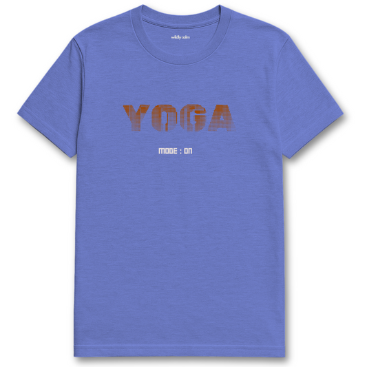 Yoga Mode On_Heather Royal Blue yoga t-shirt with 'Yoga Mode: On' text - wildly calm