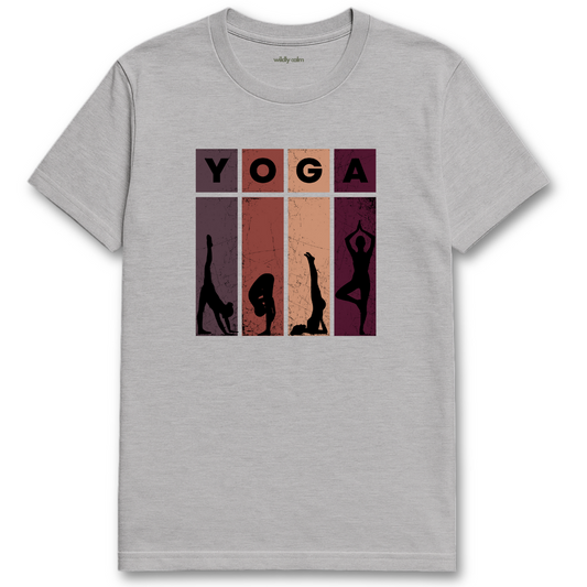 Yoga Poses sports grey yoga t-shirt with yoga-themed design featuring silhouettes and the word 'Yoga' -wildly calm