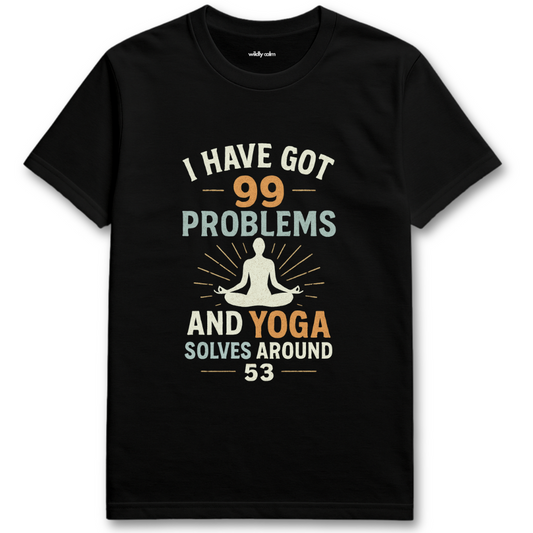 Black t-shirt with yoga-themed text and graphic - wildly calm
