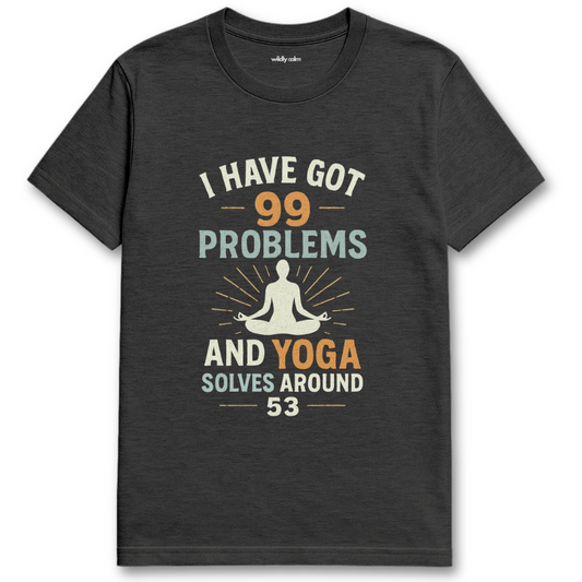 Heather Dark Grey t-shirt with yoga-themed text and graphic - wildly calm