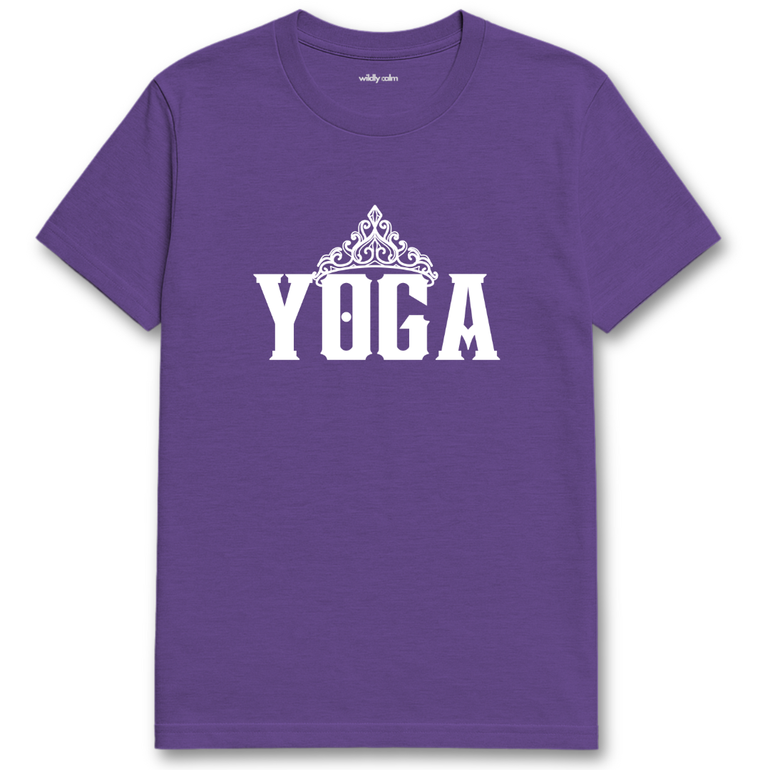 Yoga Queen Heather Purple t-shirt with 'YOGA' printed on it - wildly calm