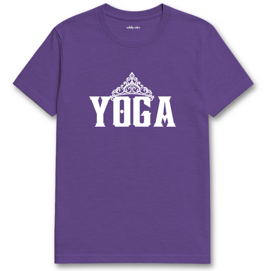 Yoga Queen Heather Purple t-shirt with 'YOGA' printed on it - wildly calm