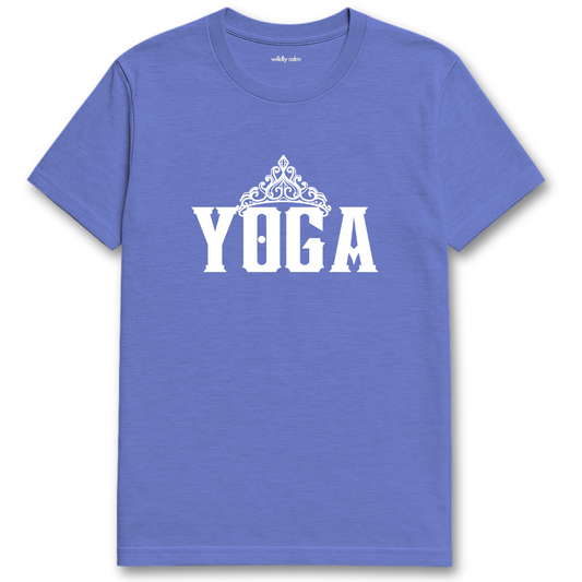 Yoga Queen Heather Royal blue yoga t-shirt with 'YOGA' printed on it - wildly calm
