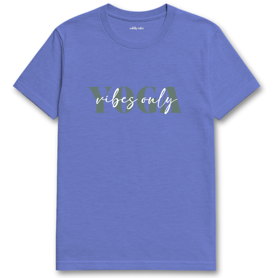 Yoga Vibes Only Heather Royal blue yoga t-shirt with 'Yoga vibes only' text - wildly calm