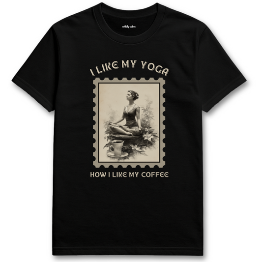 Yoga and Coffee Black yoga t-shirt with a graphic of a woman in a yoga pose and text - Wildly Calm