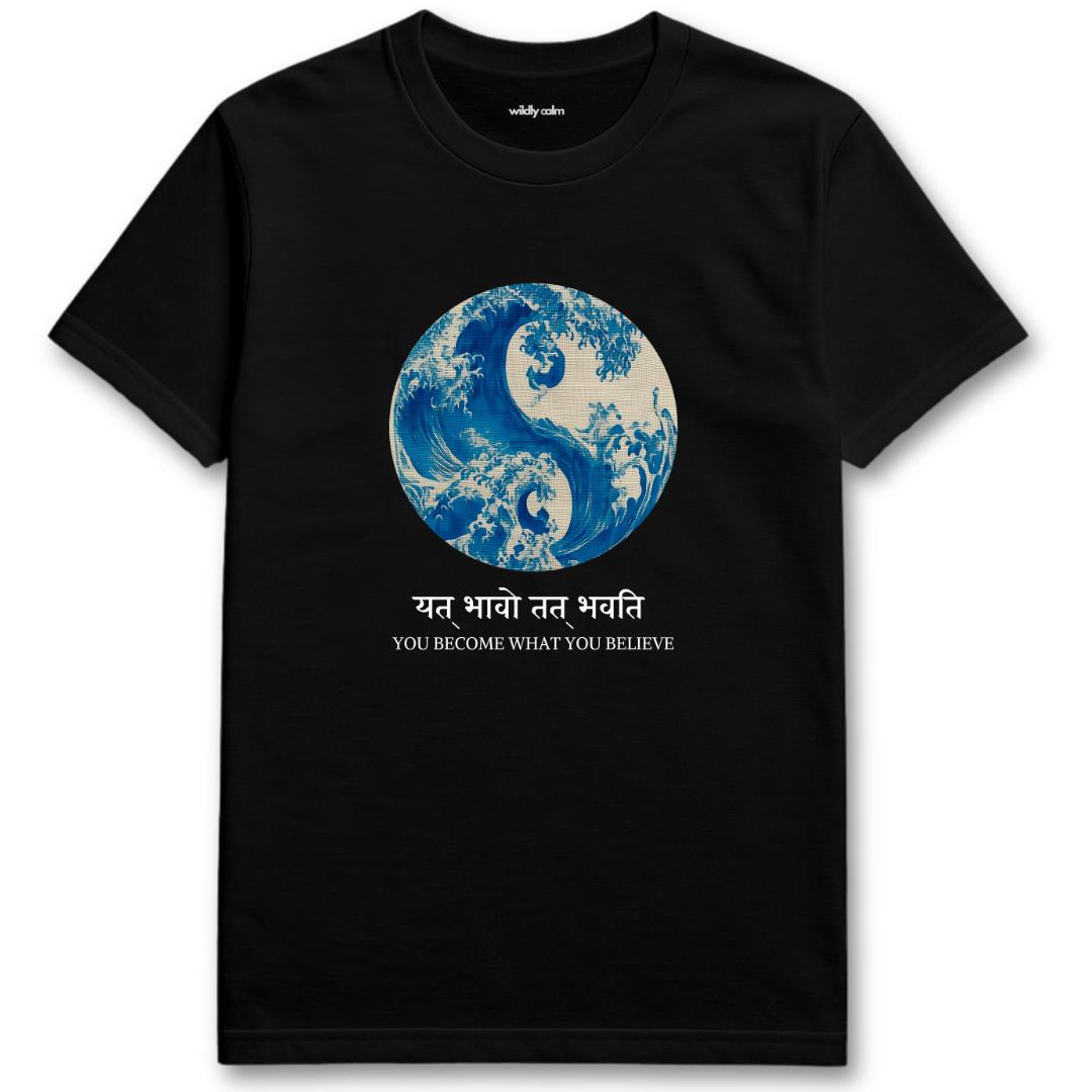 You Become What You Believe Black yoga t-shirt with blue and white design and text -wildly calm