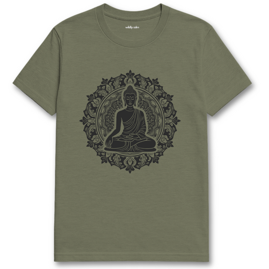 Zen Mandala_Heather Military Green t-shirt with Buddha graphic on a white background for yoga - wildly calm