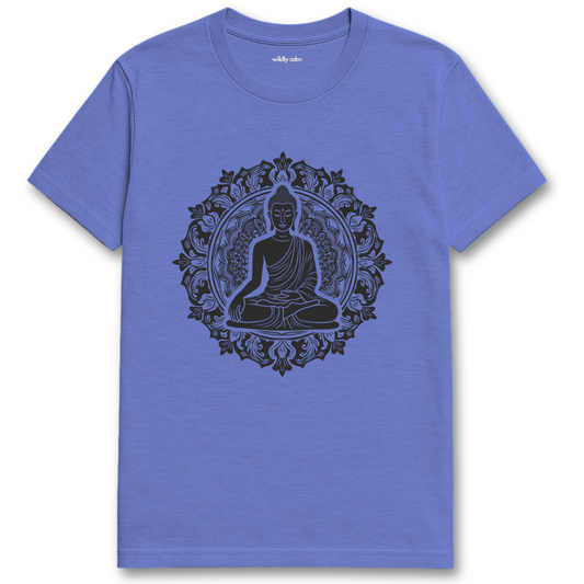 Zen Mandala_Heather royal blue t-shirt with Buddha graphic on a white background for yoga - wildly calm
