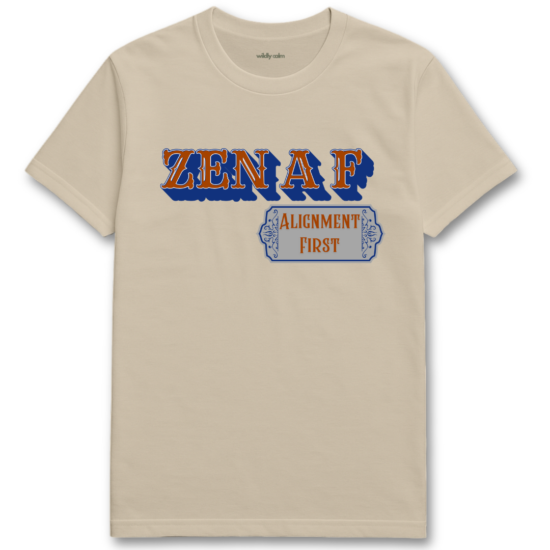 Sand/ Beige yoga t-shirt with 'ZEN A F Alignment First' text design - WildlyCam