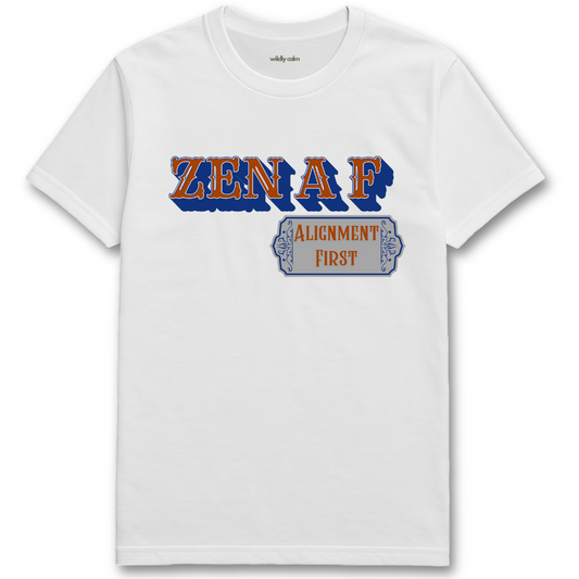 White yoga t-shirt with 'ZEN A F Alignment First' text design - WildlyCam
