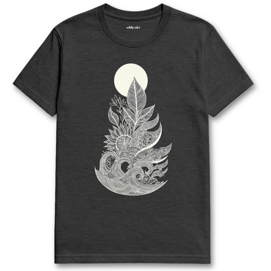 Ocean of Petals_Heather_Dark_Grey t-shirt with black floral and leaf design - wildly calm